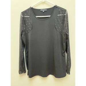 Adrienne Vittadini top black sheer long sleeves with metallic silver accents Lg